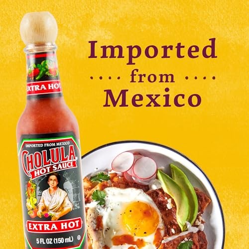 Cholula Hot Sauce, Extra Hot, Product of Mexico, Blend of Arbol & Piquin Peppers for Bringing Extra Hot Heat to Tacos, Eggs, Pizza and More, 5 Fl Oz